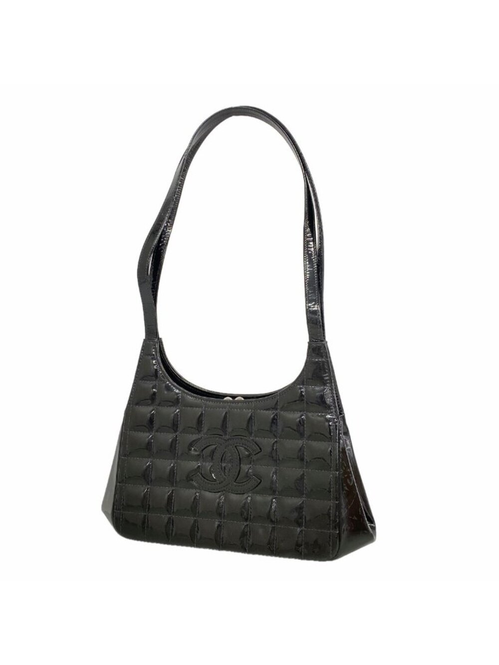 Chanel Shoulder Bag Choco Bar Patent Leather Black Silver